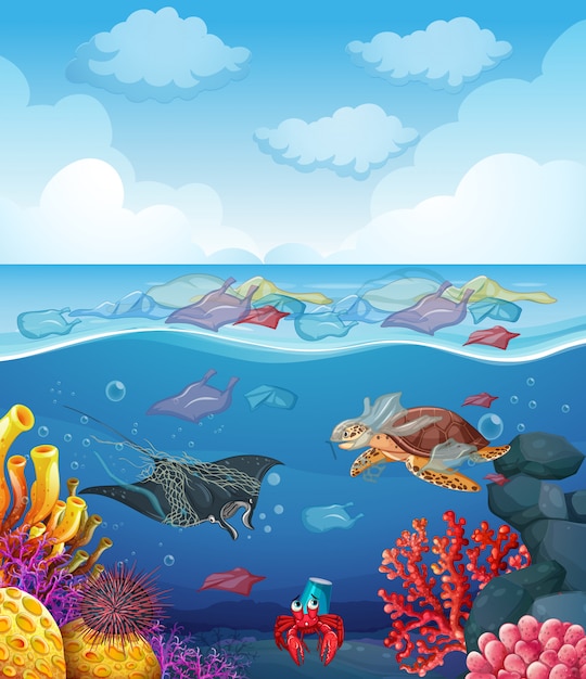 Scene with sea animals and trash in the ocean