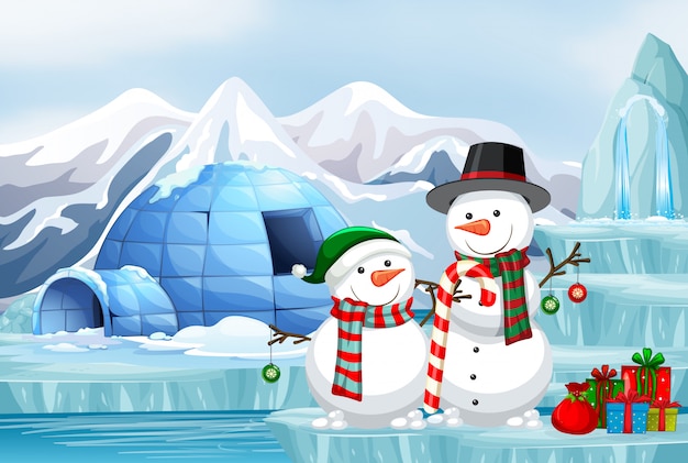 Scena con pupazzo di neve e igloo