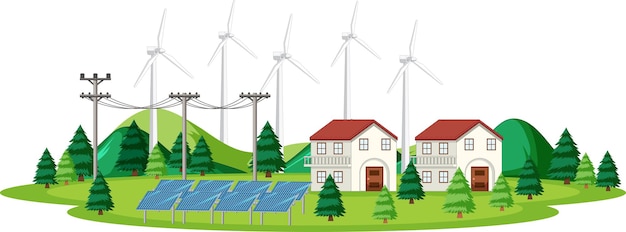 Free vector scene with solar cell and wind turbines at home