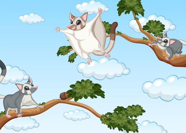 Free vector scene with sugar gliders gliding in the sky