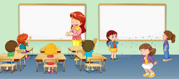 Scene with teacher and many students spreading virus cells in the classroom