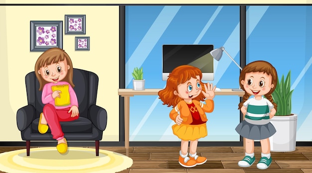 Scene with three girls cartoon character in the room