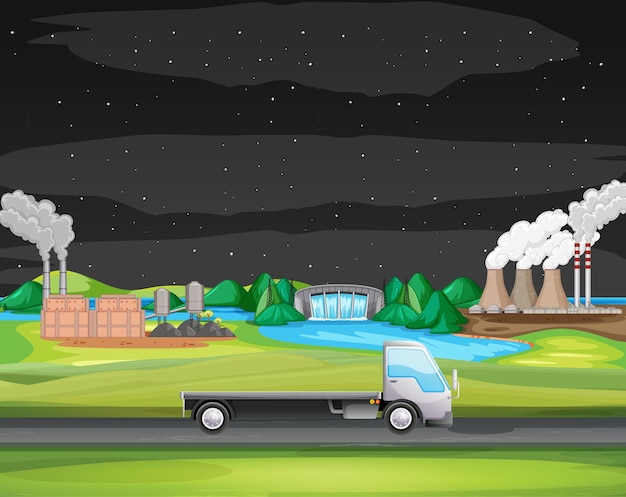Free vector scene with truck driving along the industrial zone