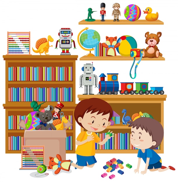 Free vector scene with two boys playing toys in the room