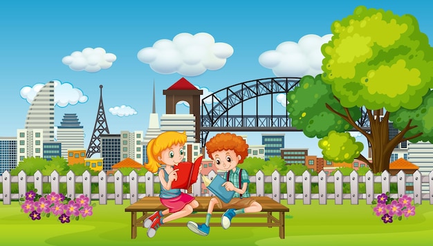 Сцена с двумя детьми, читающими книгу в парке