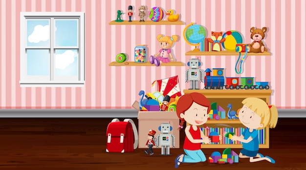Free vector scene with two girls playing in the room