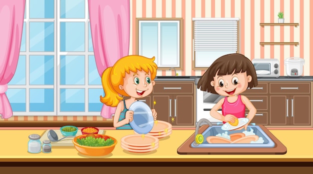 Scene with two girls washing dish in the kitchen