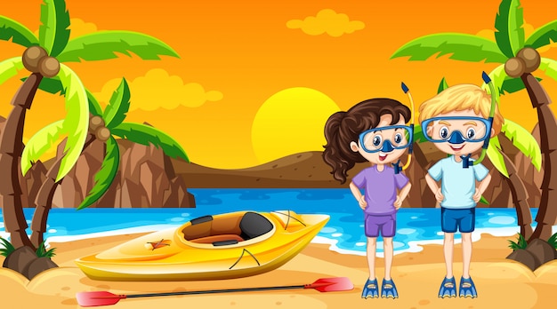 Free vector scene with two kids and canoe on the beach