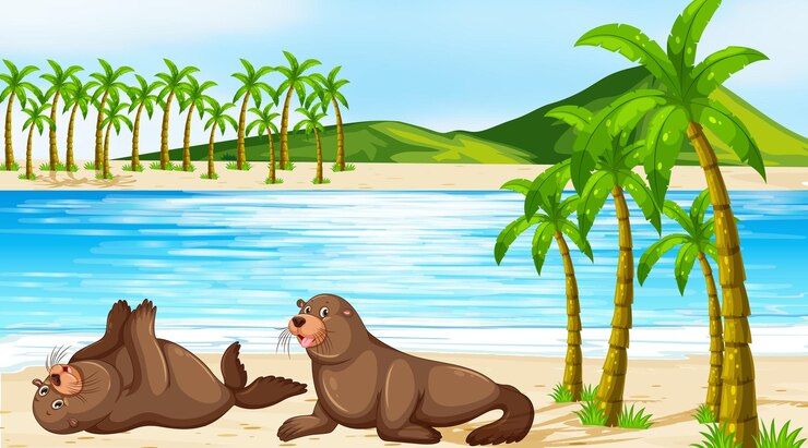 Free Vector scene with two seals on the beach