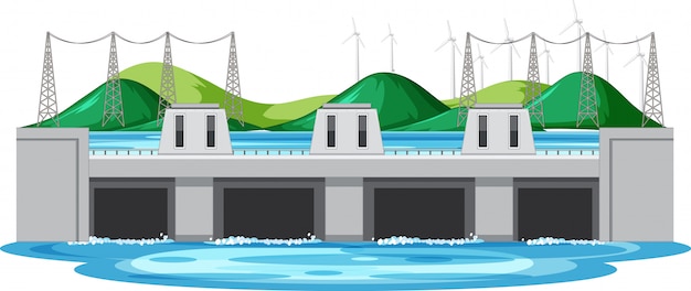 Free vector scene with water dam and turbines on the hills