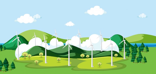 Free vector scene with windmill in the field