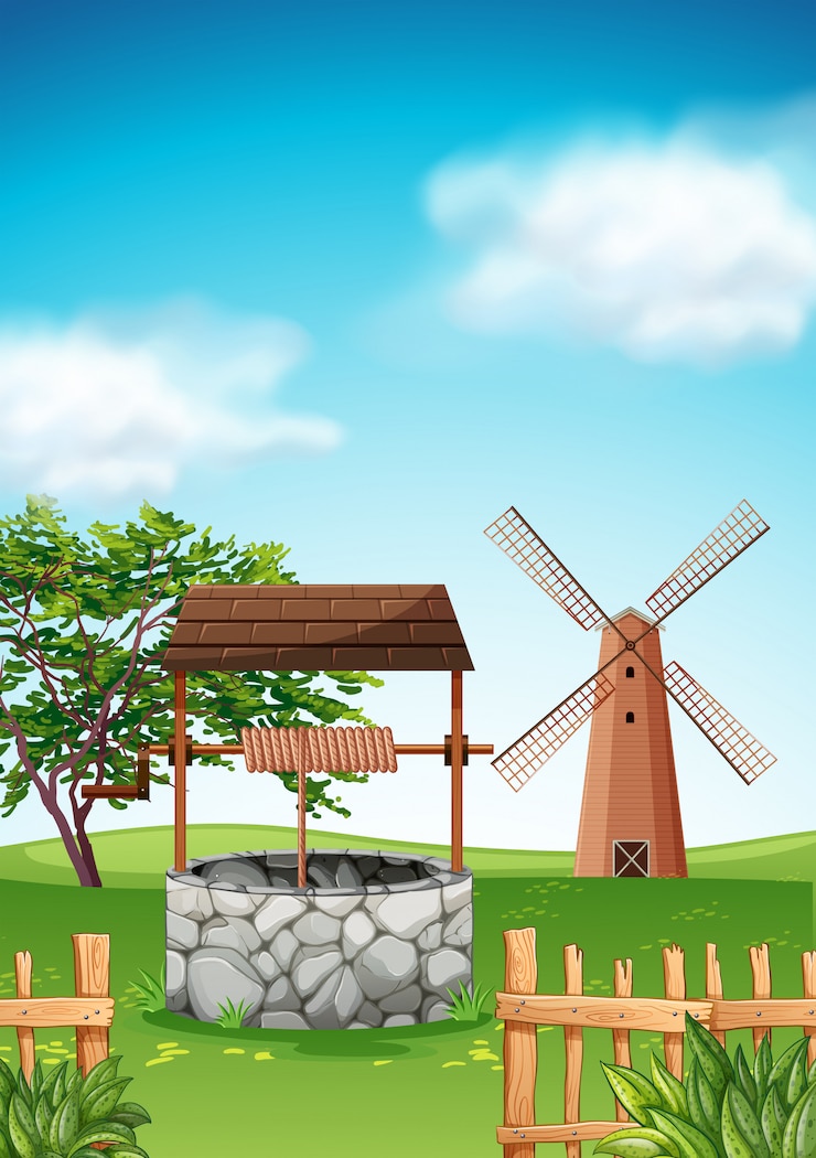 Free Vector scene with windmill and well in the farm