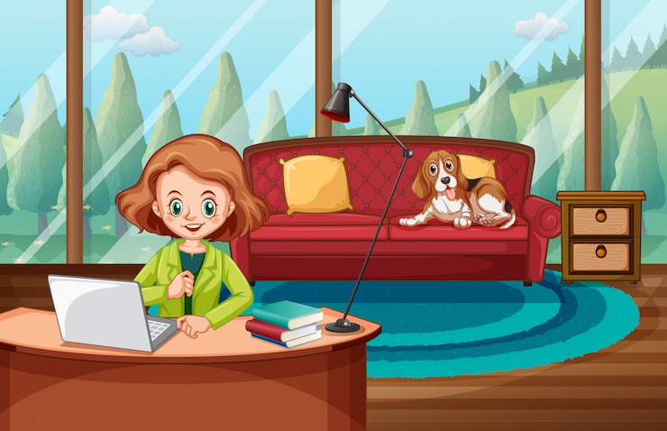 Free Vector scene with woman working on computer at home
