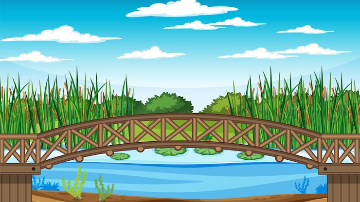 Free Vector scene with wooden bridge over pond