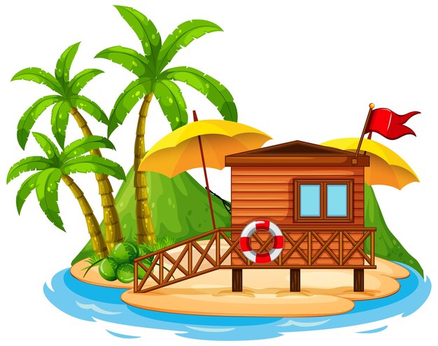 Scene with wooden hut on the beach on white background