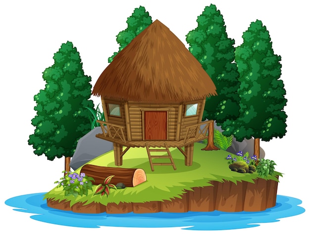 Free vector scene with wooden hut in the forest on white background