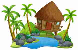 Free vector scene with wooden hut and river on white background