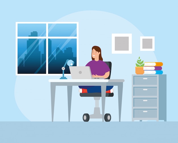 Scene woman working at home avatar character illustration design