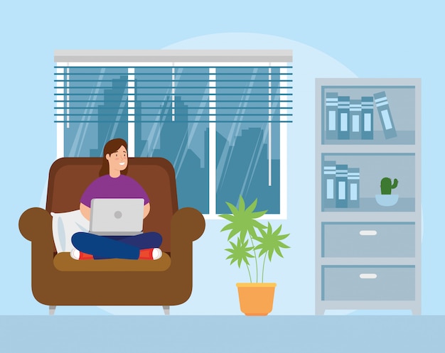 Free vector scene of woman working at home in living room