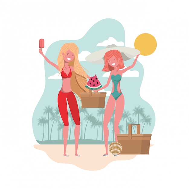 Free vector scene of women with portion of watermelon in hand