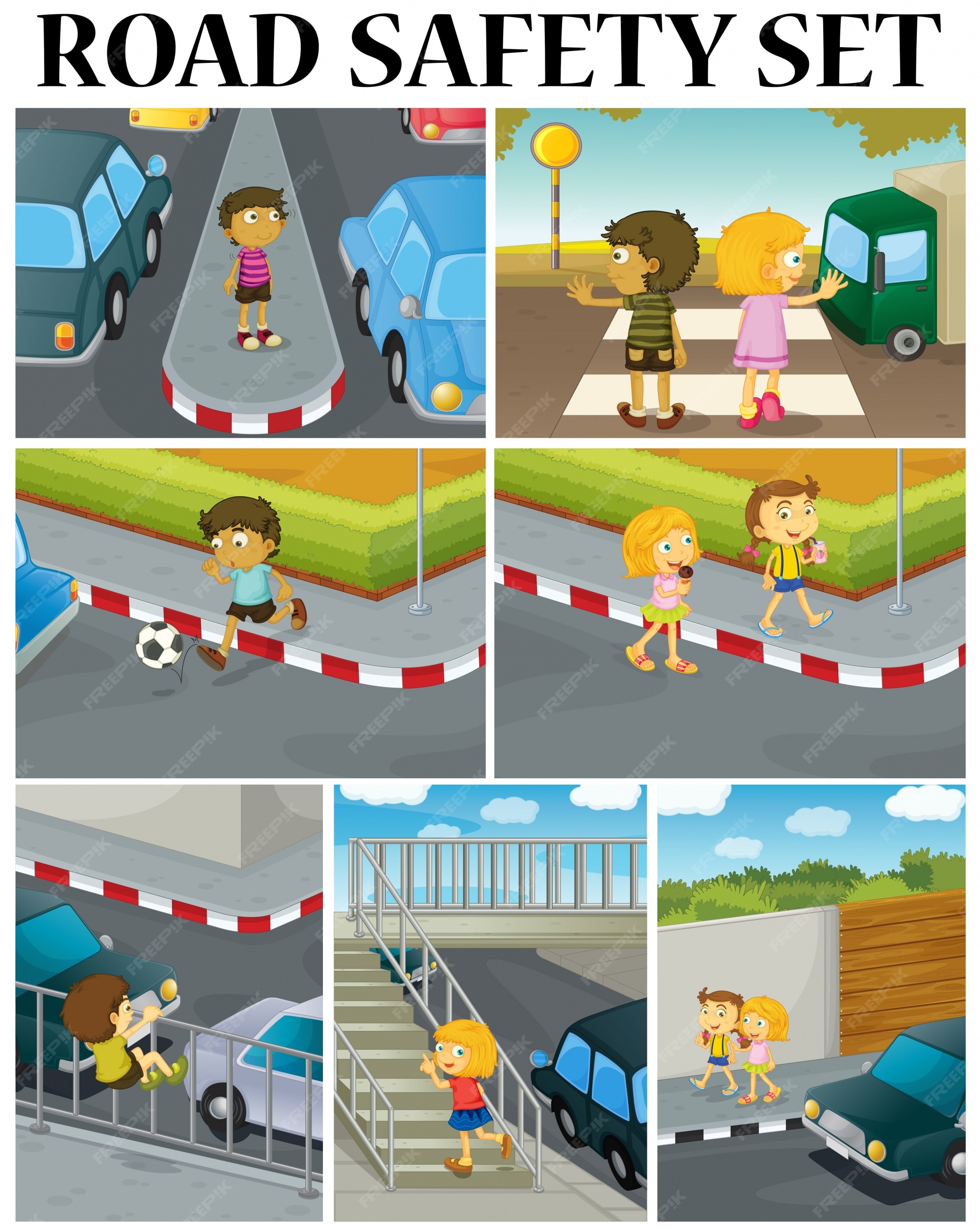 Free Vector | Scenes of children and road safety illustration