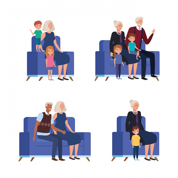 Scenes of grandparents with grandchildren seated in sofa
