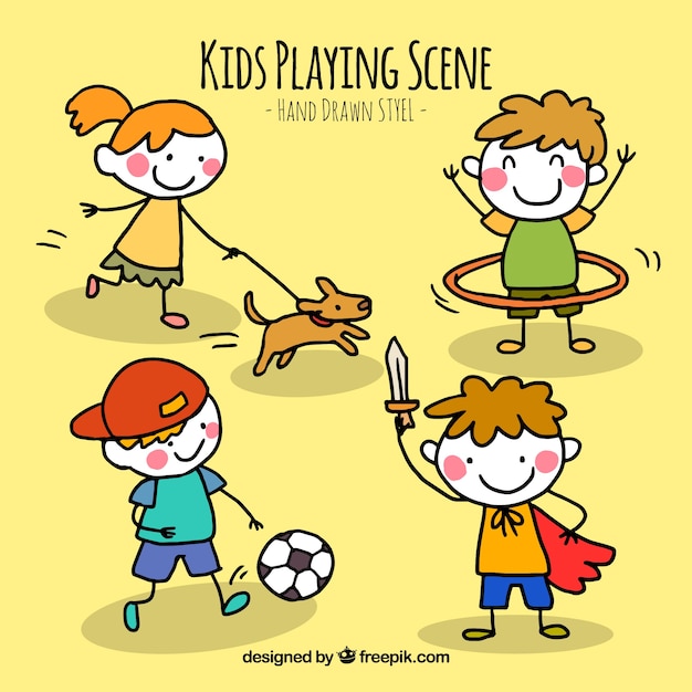 Scenes of hand drawn children playing