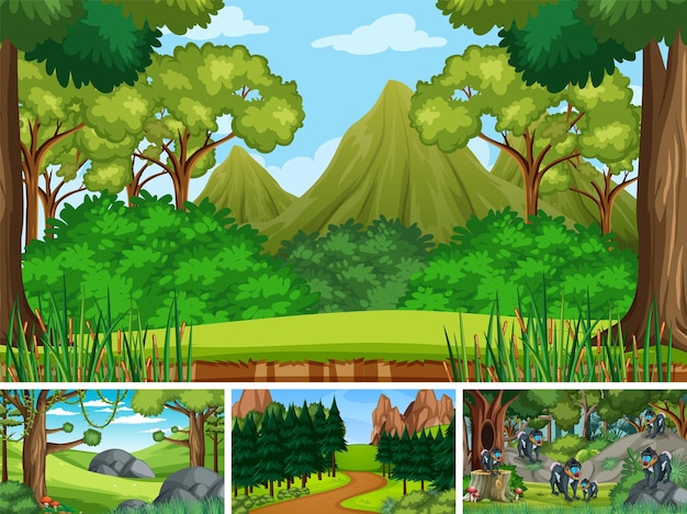 Scenes with trees and animals in forest