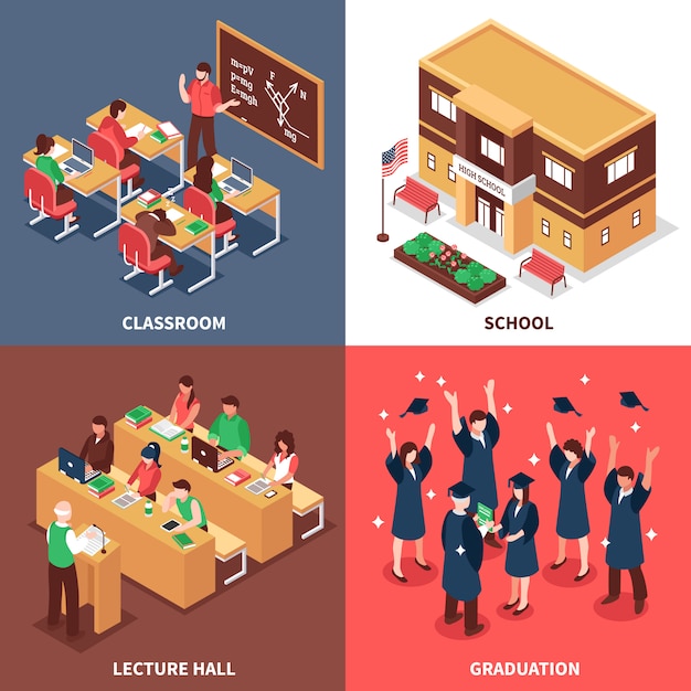 Free vector school 4 isometric icons concept