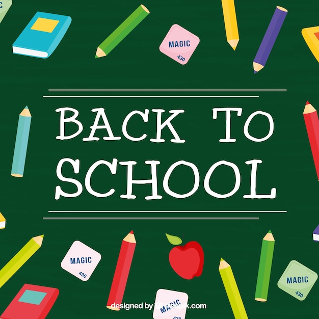 Free vector school background with apple, pencils and rubbers