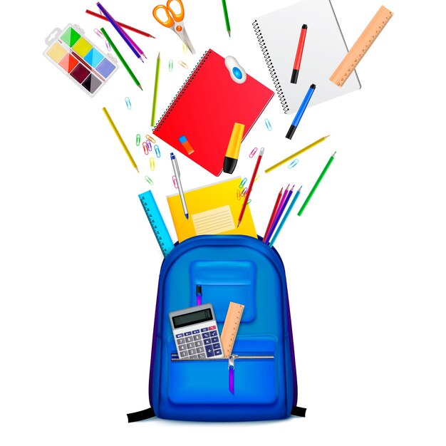 School backpack with colourful stationery flying out