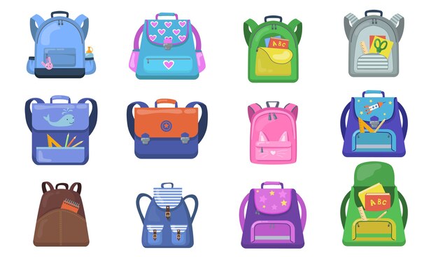 학교 배낭 세트. 초등학생을위한 다채로운 가방, 학용품이 들어있는 아이들을위한 오픈 배낭. 다시 학교, 교육, 문구, 어린 시절 개념에 대 한 벡터 일러스트