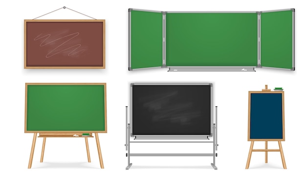 Free vector school blackboards chalkboards realistic set with isolated images of hanging and standing frames with chalk spots vector illustration