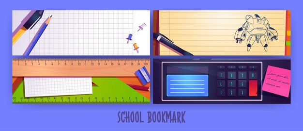 School bookmarks cartoon layout design with stationery pen sharpener pencil and ruler on blank noteb...