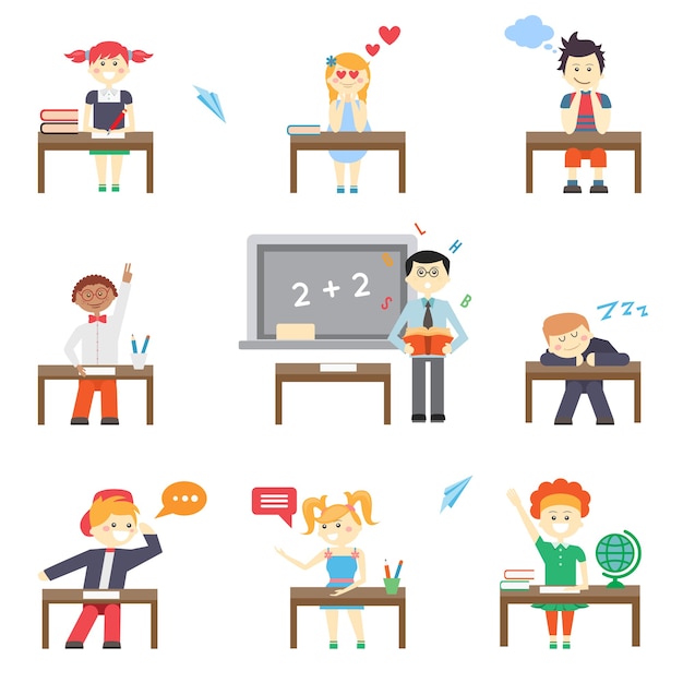 Free vector school. boys and girls at school desks and blackboard