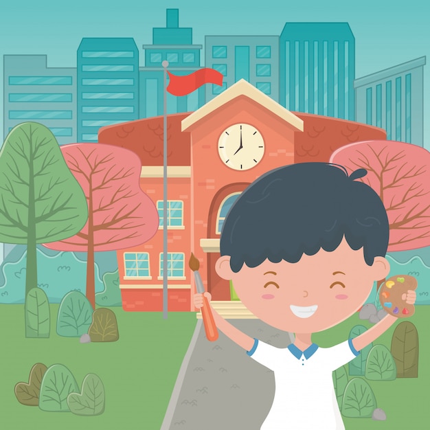 Бесплатное векторное изображение Здание школы и мальчик мультфильм