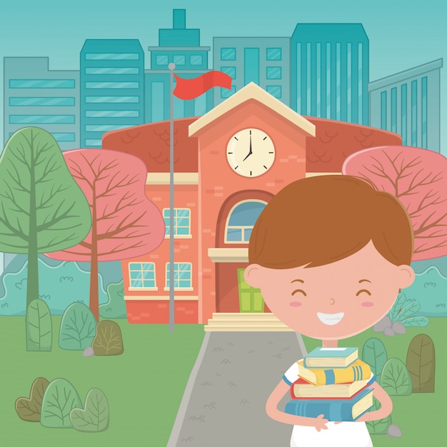 Здание школы и мальчик мультфильм