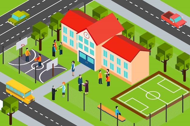 Free vector school building area isometric composition poster