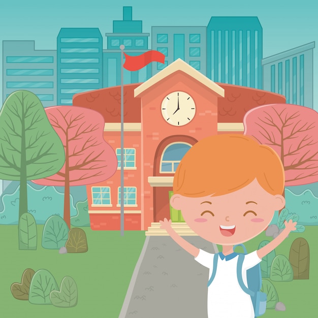 Free vector school building and boy cartoon