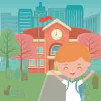 Free vector school building and boy cartoon