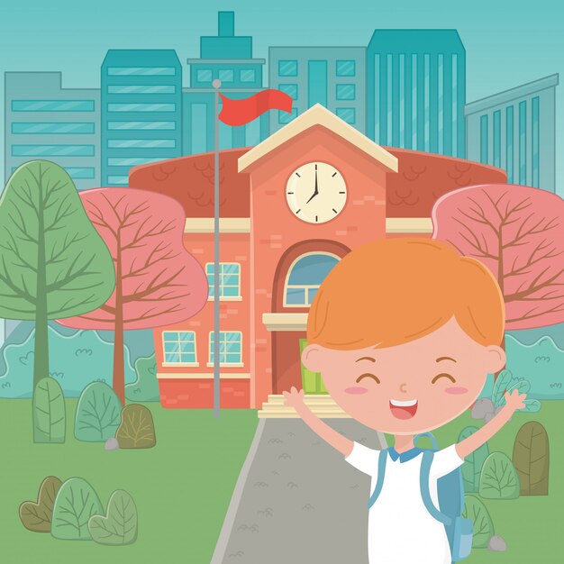 School building and boy cartoon 