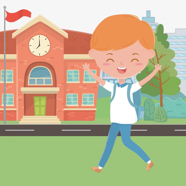 School building and boy cartoon