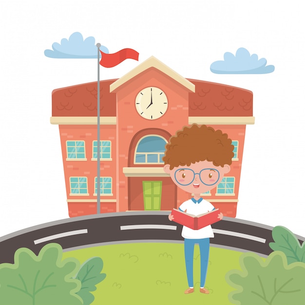 Free vector school building and boy cartoon