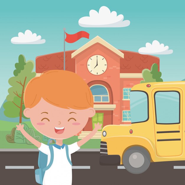 School building bus and boy 