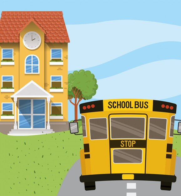 School building and bus in the road scene
