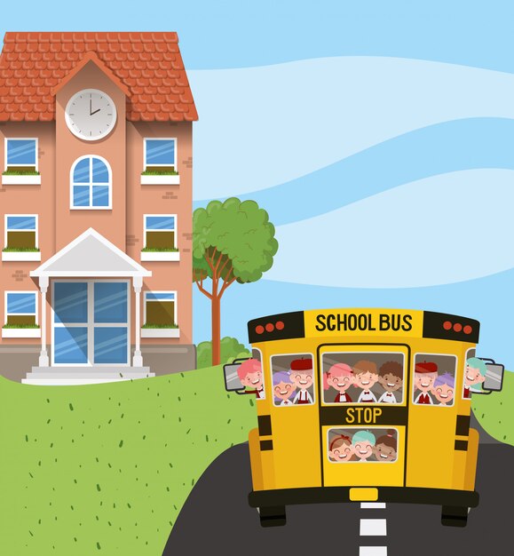 도로 장면에서 아이들과 함께 학교 건물과 버스