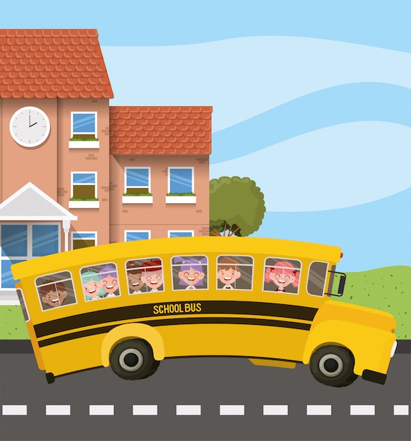 Edificio scolastico e autobus con bambini nella scena della strada