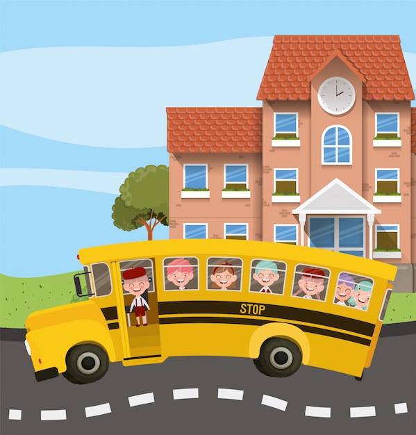 Free vector school building and bus with kids in the road scene