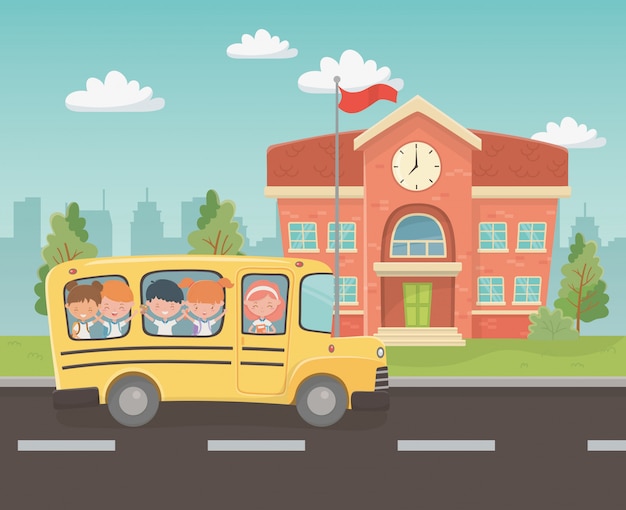 Free vector school building and bus with kids in the scene