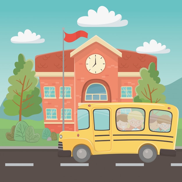 Vettore gratuito edificio scolastico e autobus